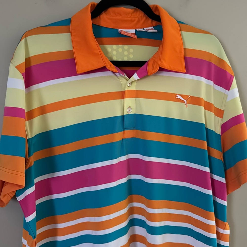 PUMA Golf Sport Lifestyle Polo Men’s Size XL Dry Cell Orange/Pink Roadmap Stripe - Picture 7 of 7